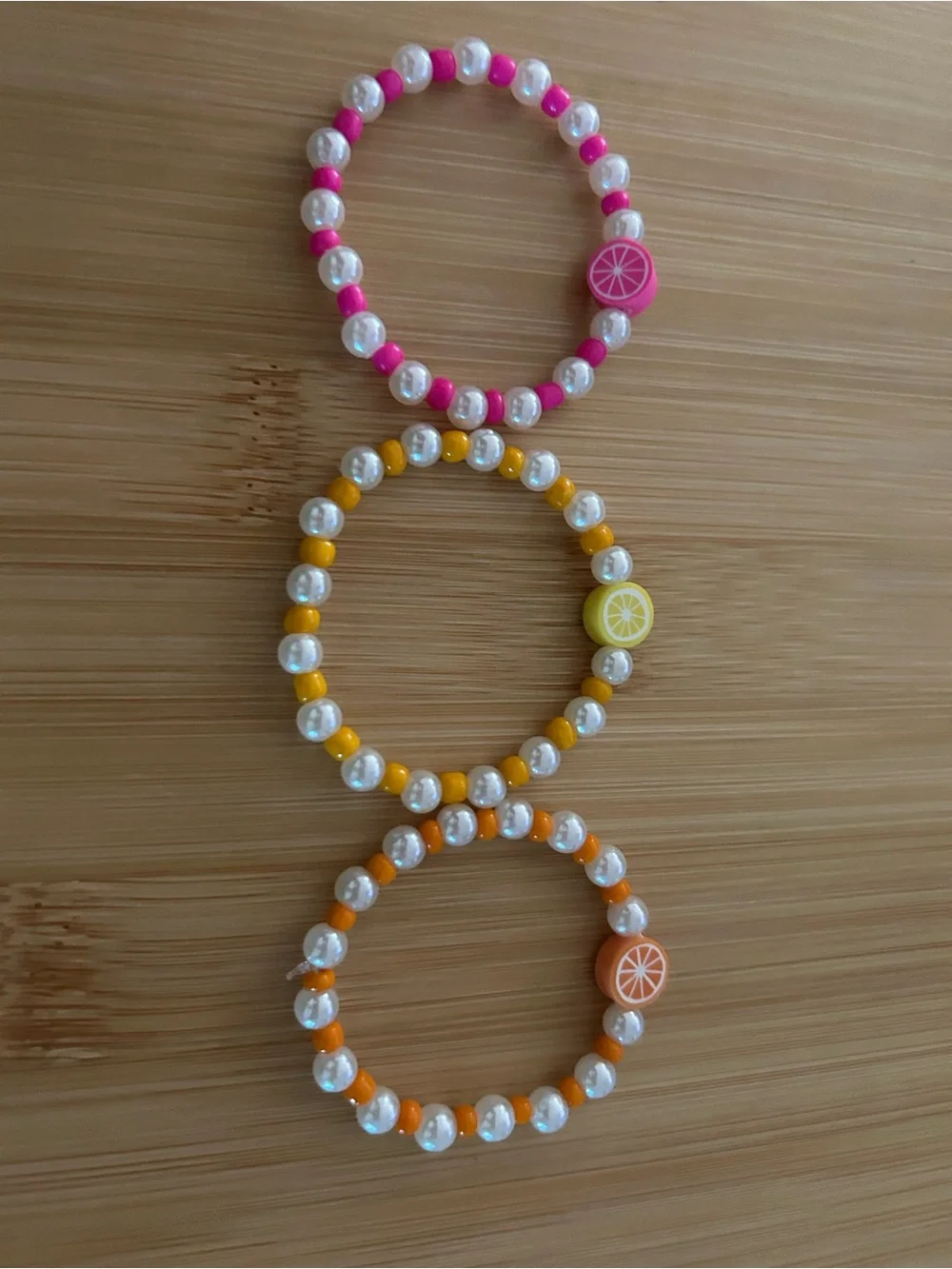 Kids Beaded Elastic Fruit Charm Bracelets - Pink, Yellow, Orange